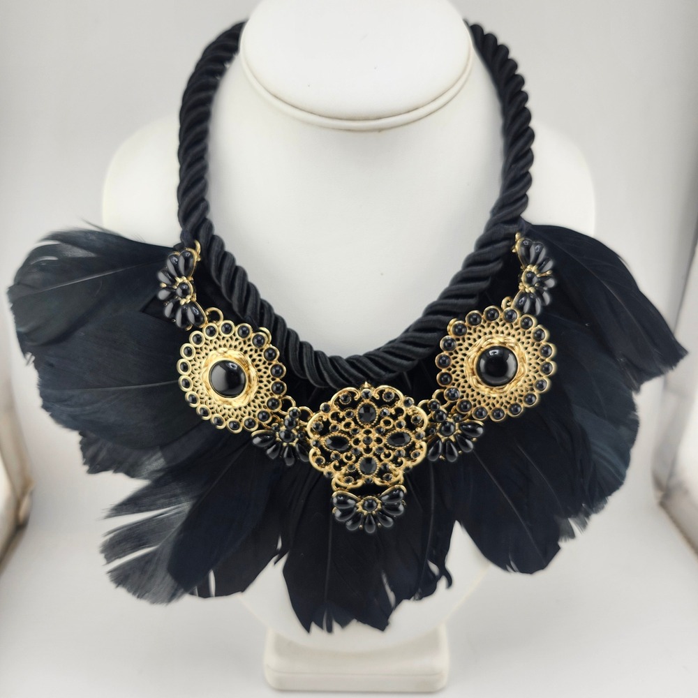 Gold Black Feather‎ Statement Necklace Choker Rhinestone Pendant